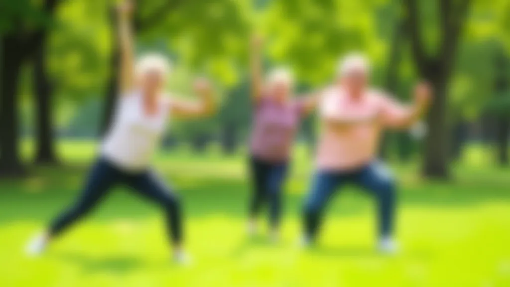 Senioru grupa piedalās outdoor fitnesa nodarbībā parku vidū