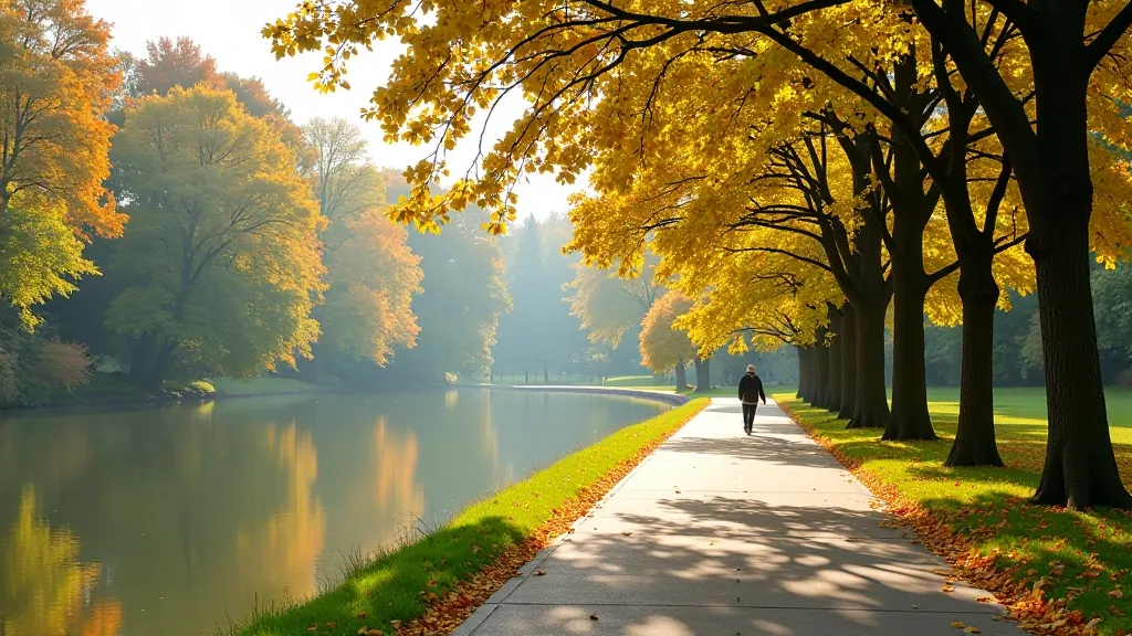 Seniori baudē pastaigi pa Ventas rumbu promenādi, rudens sezonā, zaļi koki apkārt