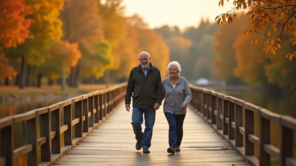 Seniori staigā pa Ventas Rumbu promenādi rudens sezonā, zaļie koki apkārt